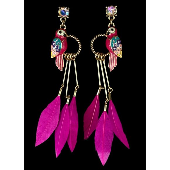 Parrot Statement Earrings Hot Pink Feathers Bird Gold-Tone Dangle Betsey Johnson - Picture 3 of 8